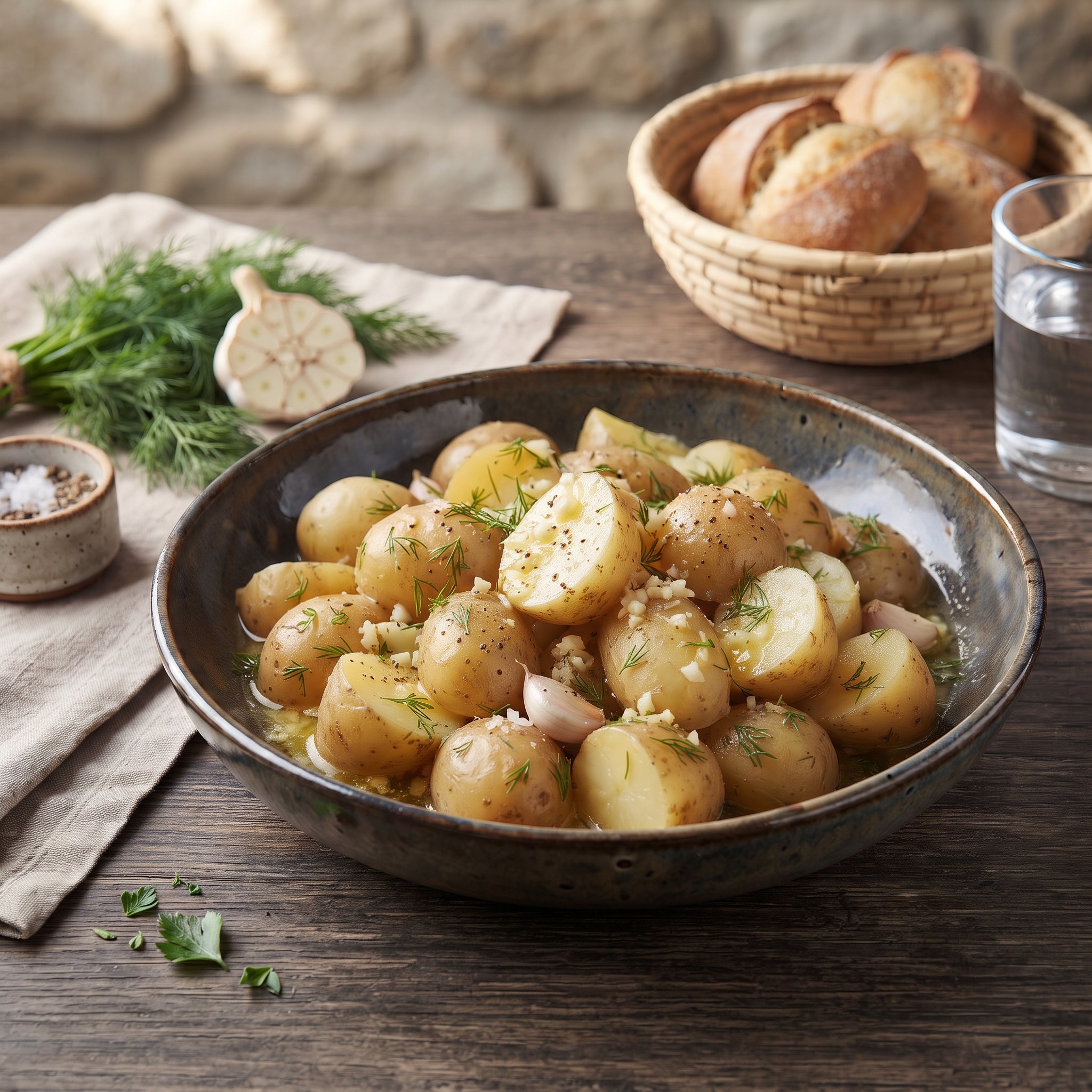 Отварной картофель со сливочным маслом, чесноком и укропом